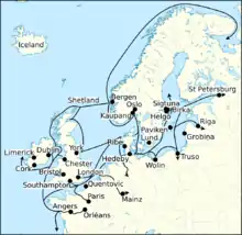 Carte d'un littoral avec routes navigables tracées en noir
