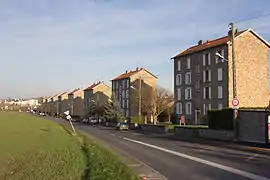 Alignement de petits immeubles collectifs en bordure d'une zone naturelle préservée.