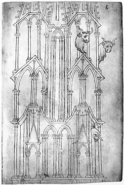Dessin datant du début du XIIIe&nbsp;siècle d'une des tours occidentales, par Villard de Honnecourt.