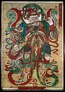 Virūpākṣa. Couleurs sur lin. H. 301 x L. 207&nbsp;cm. British Museum. Gardien disposé à l'entrée d'un temple bouddhiste