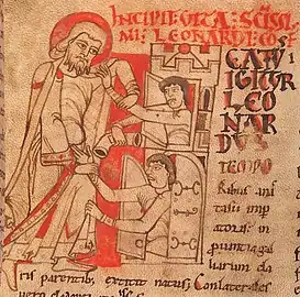 Saint Léonard délivre deux prisonniersVita et miracula sancti Leonardi, Confessoris (XIIIe&nbsp;siècle)BnF Ms. Latin 5134
