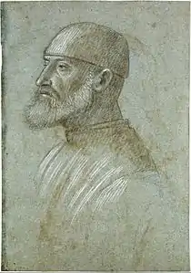 Tête d'homme barbu coiffé d'une casquette, de profil à gauche, 1460-1499, 18,5&nbsp;×&nbsp;26,5&nbsp;cm, Pierre noire, lavis brun, rehauts de gouache blanche, sur papier bleu. Morgan Library and Museum, New York.