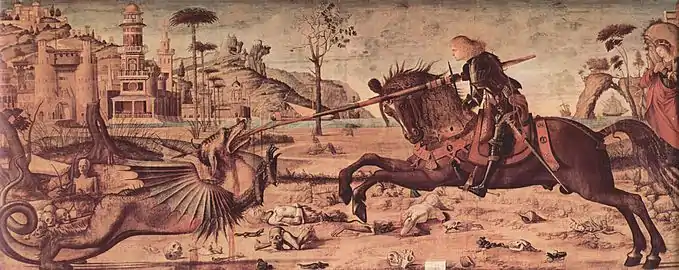 Saint Georges et le Dragon, 141&nbsp;×&nbsp;360&nbsp;cm, huile sur toile, Scuola di San Giorgio, Venise.