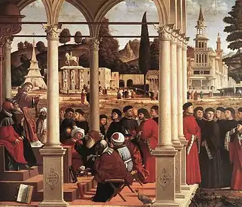 Dispute de saint Étienne, 1514, 147&nbsp;×&nbsp;172&nbsp;cm, huile sur panneau, Pinacothèque de Brera, Milan.