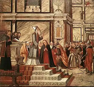 Miracle de la tige de floraison (ou Mariage de la Vierge), 130&nbsp;×&nbsp;140&nbsp;cm, huile sur toile, Pinacothèque de Brera, Milan.