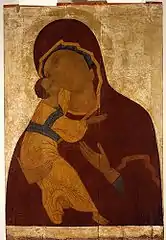 Notre-Dame de Vladimir, icône de l'église Vladimirski. Début du XVIe&nbsp;siècle. Vologda. Musée-réserve de l'État d'art et d'architecture de Vologda