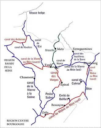 Canal de Nancy sur la carte des voies navigables de la région Est.