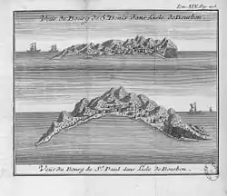 Vue de la rade de Saint-Denis (en haut) et de la baie de Saint-Paul (en bas) au cours du XVIIIe&nbsp;siècle.