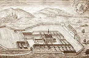 Gravure montrant un monastère de chartreux situé au pied de collines et ceinturé d'un mur.