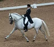 Dans une carrière officielle d'un concours de dressage, une jeune femme en redingote portant un chapeau effectue un trot allongé sur un cheval gris très compact mais allongeant bien son antérieur droit vers l'avant.