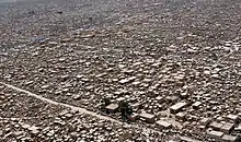 Photo prise de haut d'un vaste cimetière. Une route passe à travers l'étendue de constructions.