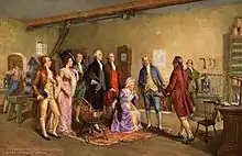 Peinture représentant cinq hommes et deux femmes qui regardent un autre homme, de dos, leur présenter des pièces de monnaie.