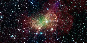 La nébuleuse de l'Haltère en infrarouge par le télescope spatial Spitzer.