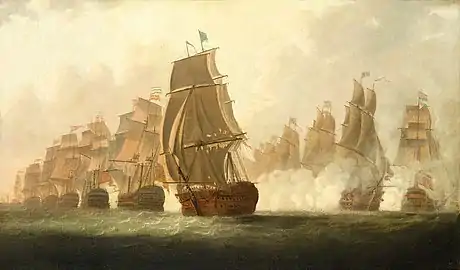 « Le navire amiral HMS Victory à la bataille du Cap Saint-Vincent de 1797 » : le même épisode que précédemment vu sous un autre angle avec le Victory au premier plan. Tableau  attribué au lieutenant William Elliott (peintre)&nbsp;(en).
