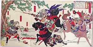 Tomoe Gozen avec Uchida Ieyoshi et Hatakeyama no Shigetada