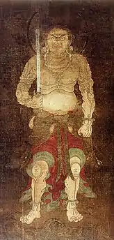 Acala (Fudō Myōō). XIIe&nbsp;siècle d'après le modèle de 838 d'Enchin. Peinture sur soie, H. 168&nbsp;cm. Manshu-in, Kyōto.