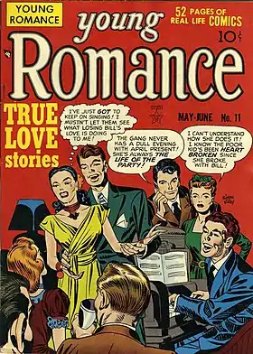 Couverture de Young Romance no 11 (mai-juin 1949). Avec cette série, Simon et Kirby ont créé le comic romantique.