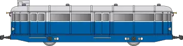 Autorail avec un bas de caisse bleu foncé et un haut de caisse gris clair.
