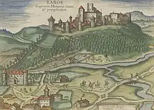 Gravure du château de Šariš/Saros, Joris Hoefnagel, 1617