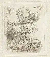 Autoportrait à l'âge de trente ans, dessinant ou gravant à l'eau-forte, eau-forte de Willem Drost (1652, Rijksmuseum Amsterdam). Le sujet et la technique sont très proches de celles de son maître.