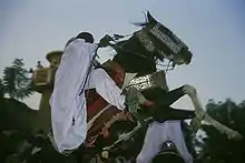 Cavalier sur un cheval dressé debout.