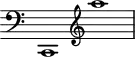 
\header { 
  tagline = ##f
\version "2.16.2"
}

\score {
  \new Staff \with {
    \remove "Time_signature_engraver"
  }
  \relative c {
    \key c \major
    \time 2/1
    \autoBeamOff
    \clef bass
    \override Rest #'style = #'classical
  c,1
  \clef treble
  a''''
  }
  \layout {
    \context {
      \Score
      \remove "Metronome_mark_engraver"
    }
  }
  \midi {}
}
