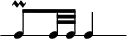 
\header {
  tagline = ##f
}

\score {
  \new RhythmicStaff {
    \time 12/8
    \numericTimeSignature
    \omit Staff.TimeSignature

   c8\prall c32 c c4  

  }
  \layout {
   % indent = #0
  }
  \midi {}
}
