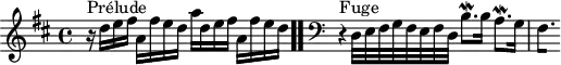 
\version "2.18.2"
\header {
  tagline = ##f
}

\score {
  \new Staff \with {

  }
<<
  \relative c'' {
    \key d \major
    \time 4/4
	\set Staff.midiInstrument = #"harpsichord" 

     %% INCIPIT CBT I-5, BWV 850, ré majeur
     r16^\markup{Prélude} d16 e fis a, fis' e d a' d, e fis a, fis' e d \bar ".."
      \skip 8*1
      \override Staff.Clef.extra-offset = #'( -1 . 0 )
      \clef bass 
      \partial 1
     r4^\markup{Fuge}  d,,32 e fis g fis e fis d b'8.\mordent b16 a8.\mordent g16 
{ 
 % suppression des warnings :
 #(ly:set-option 'warning-as-error #f)
 #(ly:expect-warning (_ "stem does not fit in beam")) %% <= à traduire éventuellement
 #(ly:expect-warning (_ "beam was started here")) %% <= à traduire éventuellement
  \set stemRightBeamCount = #1
  fis4.*1/4[ s]
}

  }
>>
  \layout {
     \context { \Score \remove "Metronome_mark_engraver" 
     \override SpacingSpanner.common-shortest-duration = #(ly:make-moment 1/2) 
}
  }
  \midi {}
}
