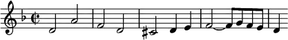 
\new Staff {
  \relative c' {
    \key d \minor
    \time 2/2
    d2 a'
    f d
    cis d4 e
    f2~ f8 g f e
    d4
  }
}
