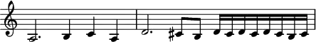 
\header {
  tagline = ##f
}

\score {
  \new Staff \with {
     \remove "Time_signature_engraver"
  }
<<
  \relative c' {
    \key c \major
    %\clef bass
    \time 3/2
    \override TupletBracket #'bracket-visibility = ##f 

     %%% f° 26-31v
     a2. b4 c a  d2. cis8 b d16 cis d cis d cis b cis

  }
>>
  \layout {
     \context { \Score \remove "Metronome_mark_engraver" }
  }
  \midi {}
}
