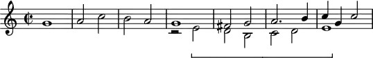 
\version "2.18.2"
\header {
  tagline = ##f
}

\score {
  \new Staff \with {

  }
<<
  \relative c'' {
    \clef treble
    \key c \major
    \time 2/2
    \tempo 2 = 82
    \set Staff.midiInstrument = #"harpsichord" 

     %%
     g1 a2 c b a 
     << { g1 fis2 g a2. b4 c g c2~ } \\ { r2\[ e,2 d b c d e1\] } >>  

  }
>>
  \layout {
     \context { \Score \remove "Metronome_mark_engraver" }
  }
  \midi {}
}
