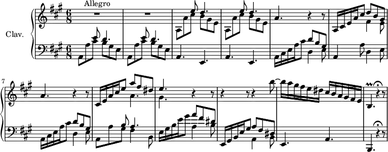
\version "2.18.2"
\header {
  tagline = ##f
}

% les petites notes
TrillB   = { \tag #'print { b4.~\prall } \tag #'midi { \repeat unfold 3 { cis32 b } \tempo 4. = 62 cis b~ \tempo 4. = 50 b4 }  }

upper = \relative c'' {
  \clef treble 
  \key a \major
  \time 6/8
  \tempo 4. = 66
  \set Staff.midiInstrument = #"harpsichord"

    R2.*2^\markup{Allegro} \repeat unfold 2 { << { s4 e8 d4. } \\ { a,8 a' cis b gis e } >> } a4. r4 r8 |
    % ms. 4
    a,16 cis e a cis8 << { d8 b gis } \\ { fis4 e8 } >> a4. r4 r8 | cis,16 e a cis e8 << { a8 fis dis | e4. } \\ { a,4. gis } >> r4 r8 |
    % ms. 10
    r4 r8 r4 b'8~ | b16 a gis fis e dis cis b16 a gis fis e | \TrillB r4\fermata r8 | 

}

lower = \relative c' {
  \clef bass
  \key a \major
  \time 6/8
  \set Staff.midiInstrument = #"harpsichord"

    % **************************************
     \repeat unfold 2 { << { s4 e8 d4. } \\ { a,8 a' cis b gis e } >> } | \repeat unfold 2 { a,4. e } | a16 cis e a cis8 << { d8 b gis } \\ { d4 e8 } >> 
     % ms. 6
     a,4 a'8 d,4 e8 | a,16 cis e a cis8 << { d8 b gis s4 b8 a4. } \\ { d,4 e8 | a,8 a' gis fis4 b,8 } >> | 
     % ms. 9
     e16 gis b e gis8 << { a8 fis dis } \\ { a4 b8  } >> e,,16 gis b e gis8 << { a8 fis dis } \\ { a4 b8  } >> e,4. a b, | r4\fermata r8 | 

} 

thePianoStaff = \new PianoStaff <<
    \set PianoStaff.instrumentName = #"Clav."
    \new Staff = "upper" \upper
    \new Staff = "lower" \lower
  >>

\score {
  \keepWithTag #'print \thePianoStaff
  \layout {
      #(layout-set-staff-size 17)
    \context {
      \Score
     \override SpacingSpanner.common-shortest-duration = #(ly:make-moment 1/2)
      \remove "Metronome_mark_engraver"
    }
  }
}

\score {
  \keepWithTag #'midi \thePianoStaff
  \midi { }
}
