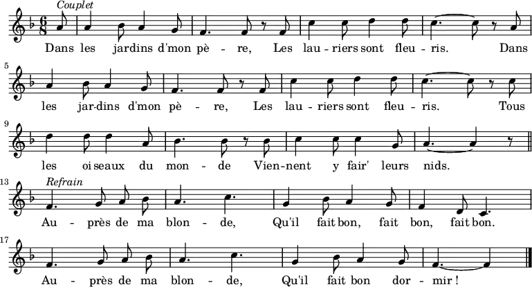 
\new Staff {
\relative c'' {
  \key f \major
  \numericTimeSignature 
  \time 6/8
  \tempo 4. = 102
  \autoBeamOff
  \partial 8

  a8^ \markup { \italic Couplet }
  a4 bes8 a4 g8
  f4. f8 r f
  c'4 c8 d4 d8
  c4. ~ c8 r a \break
  a4 bes8 a4 g8
  f4. f8 r f
  c'4 c8 d4 d8
  c4. ~ c8 r c \break
  d4 d8 d4 a8
  bes4. bes8 r bes
  c4 c8 c4 g8
  a4. ~ a4 r8 \break \bar "||"
  f4.^ \markup { \italic Refrain } g8 a bes
  a4. c
  g4 bes8 a4 g8
  f4 d8 c4. \break
  f g8 a bes
  a4. c
  g4 bes8 a4 g8
  f4. ~ f4 \bar "|."
} }
\addlyrics { 
\lyricmode {
    Dans les jar -- dins d'mon pè -- re,
    Les lau -- riers sont fleu -- ris.
    Dans les jar -- dins d'mon pè -- re,
    Les lau -- riers sont fleu -- ris.
    Tous les oi -- seaux du mon -- de
    Vien -- nent y fair' leurs nids.
  
    Au -- près de ma blon -- de,
    Qu'il fait bon, fait bon, fait bon.
    Au -- près de ma blon -- de,
    Qu'il fait bon dor -- mir_!
} }

  \layout {
    \context {
      \Score
      \remove "Metronome_mark_engraver"
    }
  }
  \midi {
    \context {
      \Score
      \remove "Metronome_mark_engraver"
      %tempoWholesPerMinute = #(ly:make-moment 360 8)
    }
  }

