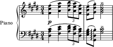 
\version "2.18.2"
\header {
  tagline = ##f
}
upper = \relative c' {
  \clef treble 
  \key cis \minor
  \time 2/4
  \tempo 4 = 56
  \tempo ""
  \set Staff.midiInstrument = #"acoustic grand"

   < fis cis' fis >4\p\( < a e' a > \times 2/3 { < b fis' b >8 < a e' a > < fis cis' fis >\) }
   < e b' e >8-.( < gis dis' gis >-.) < gis b dis gis >2--

}

lower = \relative c {
  \clef bass
  \key cis \minor
  \time 3/4
  \set Staff.midiInstrument = #"acoustic grand"

  < dis a' cis >4\( < fis cis' e > \times 2/3 { < a dis fis >8 < fis cis' e > < dis a' cis>\) }
  < e gis b >8-.( < gis, dis' b' >-.)\arpeggio < gis' b dis >2--

} 

\score {
  \new PianoStaff <<
    \set PianoStaff.instrumentName = #"Piano"
    \new Staff = "upper" \upper
    \new Staff = "lower" \lower
  >>
  \layout {
    \context {
      \Score
      %\override SpacingSpanner.common-shortest-duration = #(ly:make-moment 1/3)
      \remove "Metronome_mark_engraver"
    }
  }
  \midi { }
}

