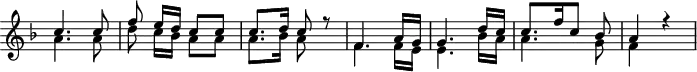 
\header {
  tagline = ##f
}

\score {
  \new Staff \with {
    \remove "Time_signature_engraver"
  }
<<
  \relative c'' {
    \key f \major
    \time 2/4
    \override TupletBracket #'bracket-visibility = ##f 
    \autoBeamOff

     %%%%%%%%%%%%%%%%%%%%%%%%%% K Anh 24a
     << { c4. c8 f e16[ d] c8 c c8.[ d16] c8 r8 f,4. a16[ g] g4. d'16[ c] c8.[ f16 c8] bes a4 r4 } \\ { a4. a8 d8 c16[ bes] a8 a a8.[ bes16] a8 s8 f4. f16[ e] e4. bes'16[ a] a4. g8 f4 s4 } >>

  }

  \addlyrics {
     Ach, was müs- sen wir er- fah- ren? Wie ! Jo- se- pha lebt nicht mehr
  }
>>
  \layout {
    \context {
      \remove "Metronome_mark_engraver"
    }
  }
  \midi {}
}
