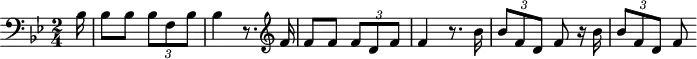 
\header {
  tagline = ##f
}

\score {
  \new Staff \with {

  }
<<
  \relative c'' {
    \clef treble
    \key bes \major
    \time 2/4
    \tempo 2 = 58
    \override TupletBracket #'bracket-visibility = ##f 
    %\autoBeamOff
    \set Staff.midiInstrument = #"French horn"

     %%%%%%%%%%%%%%%%%%%%%%%%%% AB 4-2 th1

     \partial 16 \clef bass bes,16 bes8 bes \times 2/3 { bes8 f bes } bes4 r8.
     \clef treble f'16 f8 f \times 2/3 { f8 d f } f4 r8.
     bes16 \times 2/3 { bes8 f d } f8 r16 bes16 \times 2/3 { bes8 f d } f
  }
>>
  \layout {
    \context { \Score \remove "Metronome_mark_engraver"
    }
  }
  \midi {}
}
