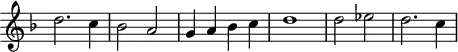
\header {
  tagline = ##f
}

\score {
  \new Staff \with {
     \remove "Time_signature_engraver"
  }
<<
  \relative c'' {
    \key f \major
    %\clef bass
    \time 2/2
    \override TupletBracket #'bracket-visibility = ##f 

     %%% f° 54v
     d2. c4 bes2 a g4 a bes c d1 d2  ees d2. c4

  }
>>
  \layout {
     \context { \Score \remove "Metronome_mark_engraver" }
  }
  \midi {}
}
