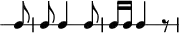 
\header {
  tagline = ##f
}

\score {
  \new RhythmicStaff {
    \time 2/4
    \numericTimeSignature
    \omit Staff.TimeSignature

   \partial 8
   c8 c8 c4 c8 c16 c c4 r8

  }
  \layout {
   % indent = #0
  }
  \midi {}
}
