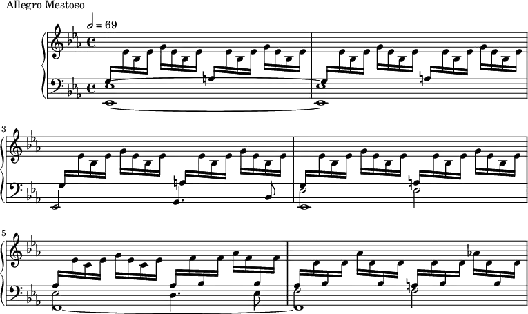 
\version "2.18.2"
\header {
  tagline = ##f
}
upper = \relative c'' {
  \clef treble 
  \key ees \major
  \time 4/4
  \tempo 2 = 69
  %\autoBeamOff

   %%Montgeroult — Étude 62 (pdf p. 198)
   % manque la dynamique impossible à mettre dans la boucle de répétition
  \repeat unfold 4 { \stemUp \change Staff = "lower" g,16 \stemDown \change Staff = "upper" ees' bes ees  g ees bes ees \stemUp \change Staff = "lower" a,16 \stemDown \change Staff = "upper" ees' bes ees  g ees bes ees } 

    \stemUp \change Staff = "lower" aes,16 \stemDown \change Staff = "upper" ees' c ees g ees c ees  \stemUp \change Staff = "lower" aes, \stemDown \change Staff = "upper" f' \stemUp \change Staff = "lower" bes, \stemDown \change Staff = "upper" f' aes f \stemUp \change Staff = "lower"  bes, \stemDown \change Staff = "upper" f'
   \stemUp \change Staff = "lower" aes,16 \stemDown \change Staff = "upper" d \stemUp \change Staff = "lower"  bes \stemDown \change Staff = "upper" d aes' d, \stemUp \change Staff = "lower" bes \stemDown \change Staff = "upper" d
   \stemUp \change Staff = "lower" a!16 \stemDown \change Staff = "upper" d \stemUp \change Staff = "lower"  bes \stemDown \change Staff = "upper" d aes'! d, \stemUp \change Staff = "lower" bes \stemDown \change Staff = "upper" d 
   \change Staff = "lower"
}

lower = \relative c {
  \clef bass
  \key ees \major
  \time 4/4

   < ees ees,>1~ q ees,2 g4. bes8
    
   << { \stemDown ees2 ees ees d4. ees8 f2 f \stemNeutral } \\ { ees,1 f~ f } >>

}

  \header {
    piece = "Allegro Mestoso"
  }

\score {
  \new PianoStaff <<
    \new Staff = "upper" \upper
    \new Staff = "lower" \lower
  >>
  \layout {
    \context {
      \Score
      
    }
  }
  \midi { }
}
