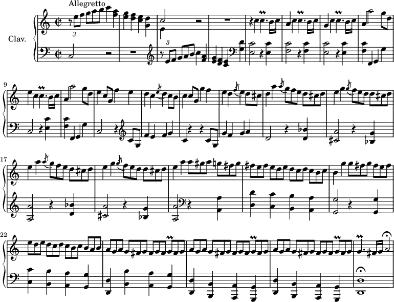 
\version "2.18.2"
\header {
  tagline = ##f
  % composer = "Domenico Scarlatti"
  % opus = "K. 501"
  % meter = "Allegretto"
}

%% les petites notes
trillGq     = { \tag #'print { g8\prall[ } \tag #'midi { a32 g a g } }
trillCp     = { \tag #'print { c4.\prall } \tag #'midi { \times 2/3 { d16 c d c d c~ } c8 } }
trillGp     = { \tag #'print { g4.\prall } \tag #'midi { \times 2/3 { a16 g a g a g~ } g8 } }

upper = \relative c'' {
  \clef treble 
  \key c \major
  \time 2/2
  \tempo 2 = 62
  \set Staff.midiInstrument = #"harpsichord"
  \override TupletBracket.bracket-visibility = ##f

      s8*0^\markup{Allegretto}
      \times 2/3 { r8 e8[ f] }   \omit TupletNumber \times 2/3 { g8[ a b] } c4 < f, a > | < e g > < d f > < c e > < g d' > << { c2 } \\ { e,4 } >> r2 | R1
      % ms. 5
      r4 c'4 \trillCp b16 c | a4 c4 \trillCp b16 c | g4 c4 \trillCp b16 c | a4 a'2 g8 d | e4 c4 \trillCp b16 c |
      % ms. 10
      a4 a'2 g8 d | e4 c8 g f'4 e | d c \acciaccatura e8 d4 c8 b | c4 c8 g g'4 f | e d \acciaccatura f8 e4 d8 cis |
      % ms. 15
      d4 a' \acciaccatura a8 \times 2/3 { g8[ f e] }  \times 2/3 { d8[ cis d] } | e4 g \acciaccatura g8 \times 2/3 { f8[ e d] } \times 2/3 { d8[ cis d] } |  e4 a \acciaccatura a8 \times 2/3 { g8[ f e] }  \times 2/3 { d8[ cis d] } | e4 g \acciaccatura g8 \times 2/3 { f8[ e d] } \times 2/3 { d8[ cis d] } |
      % ms. 19
      e4 a \times 2/3 { a8[ gis a] } \times 2/3 { g8[ fis g] } | \times 2/3 { fis8[ e fis] } \times 2/3 { e8[ d e] } \times 2/3 { d8[ c d] } \times 2/3 { c8[ b c] } | b4 g' \times 2/3 { g8[ fis g] } | \times 2/3 { fis8[ e fis] } \times 2/3 { e8[ d e] } \times 2/3 { d8[ c d] } \times 2/3 { c8[ b c] } \times 2/3 { b8[ a b] } |
      % ms. 23
      \repeat unfold 3 { \times 2/3 { a8[ g a] } \times 2/3 { g8[ fis g] } \times 2/3 { fis8[ g fis] } \times 2/3 { \trillGq fis g] } } | \trillGp fis16 g a2\fermata

}

lower = \relative c' {
  \clef bass
  \key c \major
  \time 2/2
  \set Staff.midiInstrument = #"harpsichord"
  \override TupletBracket.bracket-visibility = ##f

    % ************************************** \appoggiatura \repeat unfold 2 {  } \times 2/3 { }
      c,2 r2 | R1 |   \clef treble \times 2/3 { r8 e'8[ f] }   \omit TupletNumber \times 2/3 { g8[ a b] } c4 < f, a > | < e g > < d f > < c e >   \clef bass < g d' >
      % ms. 5
      < e c' >2 r4 q4 | < f c' >2 r4 q4 | < e c' >2 \repeat unfold 2 { r4 < e c' >4 | < f c' >4 f,4 g g' | c,2 } r4   \clef treble  
      % ms. 11
      c'8 g f'4 e f g | c, r4 r4 c8 g g'4 f g a |
      % ms. 15
      d,2 \repeat unfold 2 { r4 < d bes' >4 | < cis a' >2 r4  < bes g' >4 < a a' >2 } |   \clef bass
      % ms. 19 suite
      r4 < a, a' >4 | < d d' > < c c' > < b b' > < a a' > | < g g' >2 r4 < g g' >4 | < c c' > < b b' > < a a' > < g g' > |
      % ms. 23
      < d d' >4 < b' b' > < a a' > < g g' > | \repeat unfold 2 { < d d' > < b b' > < a a' > < g g' > } | < d' d' >1\fermata

}

thePianoStaff = \new PianoStaff <<
    \set PianoStaff.instrumentName = #"Clav."
    \new Staff = "upper" \upper
    \new Staff = "lower" \lower
  >>

\score {
  \keepWithTag #'print \thePianoStaff
  \layout {
      #(layout-set-staff-size 17)
    \context {
      \Score
     \override SpacingSpanner.common-shortest-duration = #(ly:make-moment 1/2)
      \remove "Metronome_mark_engraver"
    }
  }
}

\score {
  \keepWithTag #'midi \thePianoStaff
  \midi { }
}
