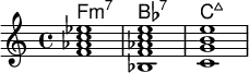 <<
    \new ChordNames \chordmode {
  f1:m7 bes:7 c:maj 
  }
  \new Staff \relative c'{
< f aes c ees>1 <bes, f' aes c e > < c g' b e> }

  >>
