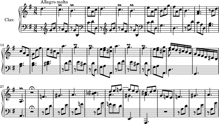 
\version "2.18.2"
\header {
  tagline = ##f
}

%% les petites notes
trillC     = { \tag #'print { c4.\prall } \tag #'midi { d32 c d c~ c4 } }
trillB     = { \tag #'print { b4.\prall } \tag #'midi { c32 b c b~ b4 } }
trillA     = { \tag #'print { a4.\prall } \tag #'midi { b32 a b a~ a4 } }
trillG     = { \tag #'print { g4.\prall } \tag #'midi { a32 g a g~ g4 } }
trillFis   = { \tag #'print { fis4.\prall } \tag #'midi { g32 fis g fis~ fis4 } }

upper = \relative c'' {
  \clef treble 
  \key g \major
  \time 3/8
  \tempo 4. = 102
  \set Staff.midiInstrument = #"harpsichord"

      s8*0^\markup{Allegro molto}
      d4. | \trillC | \trillB | e8 a, c | d4. | \trillC |
      % ms. 7
       \trillB | e8 a, c | b d g | fis a, c | b4. | < fis a > | r8 b8 d |
      % ms. 14
      c8 a fis | g d' fis | e cis a | \repeat unfold 2 { a'4. | \trillG | \trillFis | e8 < d fis > < cis g' > }
      % ms. 25
      << { fis16 e d cis b a | g fis e d cis b | \trillA } \\ { d'8 } >> | R4.\fermata
      % ms. 29
      f,4. gis a < bes cis > << { d8 e f~ | f e d | cis d e } \\ { a,4. | gis  a } >>
      % ms. 34
      g8 f e  | f4. gis | a

}

lower = \relative c' {
  \clef bass
  \key g \major
  \time 3/8
  \set Staff.midiInstrument = #"harpsichord"

    % **************************************
      \repeat unfold 2 { r8   \clef treble g'8 b | r8 a8 fis | r8 g8 b, |   \clef bass c d d, } |
      % ms. 9
      g4. | d | r8 g8 d' | c a d, | < g b >4.
      % ms. 14
      < a c >4. < b d > < cis e > | \repeat unfold 2 { r8 d8 fis  | r8 e8 cis |  r8 d d, | g a a, } | 
      % ms. 25
      d4. g, 
      % ms. 27
      a4. | R4.\fermata | r8 a'8 d | r8 a e' | r8 a, f' | r8 a, g' | f e d |
      % ms. 34
      e,,4. a, | R4. | r8 a''8 d | r8 a e' |  r8 a, g' | % A poursuivre jusqu'à la reprise

}

thePianoStaff = \new PianoStaff <<
    \set PianoStaff.instrumentName = #"Clav."
    \new Staff = "upper" \upper
    \new Staff = "lower" \lower
  >>

\score {
  \keepWithTag #'print \thePianoStaff
  \layout {
      #(layout-set-staff-size 17)
    \context {
      \Score
     \override SpacingSpanner.common-shortest-duration = #(ly:make-moment 1/2)
      \remove "Metronome_mark_engraver"
    }
  }
}

\score {
  \keepWithTag #'midi \thePianoStaff
  \midi { }
}
