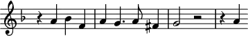 
\header {
  tagline = ##f
}

\score {
  \new Staff \with {
     \remove "Time_signature_engraver"
  }
<<
  \relative c'' {
    \key f \major
    %\clef bass
    \time 4/4
    \override TupletBracket #'bracket-visibility = ##f 

     %%% f° 35
     r4 a4 bes f a g4. a8 fis4 g2 r2 r4 a4

  }
>>
  \layout {
     \context { \Score \remove "Metronome_mark_engraver" }
  }
  \midi {}
}
