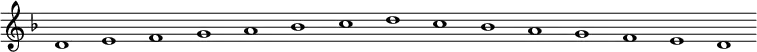 
\new Staff {
  \relative c' {
    \key d \minor
    \override Staff.TimeSignature #'stencil = ##f
    \override Staff.BarLine #'stencil = ##f
     d1 e f g a bes c d c bes a g f e d
  }
}
\midi {
  \context {
    \Score
    tempoWholesPerMinute = #(ly:make-moment 120 1)
  }
}
