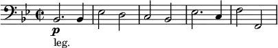 \relative c { \set Staff.midiInstrument = #"cello" \clef bass \time 2/2 \key bes \major
bes2.\p(_"leg.") bes4 | ees2 d2 c2 bes2 | ees2. c4 | f2 f,2 ||
}