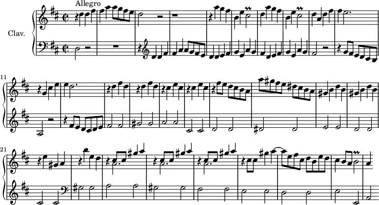 
\version "2.18.2"
\header {
  tagline = ##f
}

%% les petites notes
trillC     = { \tag #'print { cis2\prall } \tag #'midi { d16 cis d cis d cis~ cis8 } }
trillB     = { \tag #'print { b2\prall } \tag #'midi { cis16 b cis b cis b~ b8 } }

upper = \relative c'' {
  \clef treble 
  \key d \major
  \time 2/2
  \tempo 2 = 102
  \set Staff.midiInstrument = #"harpsichord"

      s8*0^\markup{Allegro} r4 d4 d fis | fis a a8 g fis e | d2 | r2 | r1 | r4 a'4 g fis |
      % ms. 6
      b,4 e \trillC | d4 a' g fis | b, e \trillC | d4 a d fis | fis e2. |
      % ms. 11
      r4 g,4 cis e | e d2. | \repeat unfold 2 { r4 d4 fis d } | \repeat unfold 2 { r4 cis4 e cis }
      % ms. 17
      r4 fis8 e d cis b a | a' gis fis e dis cis b a | \repeat unfold 2 { gis4 b d b } | r4 e4 gis, a |
      % ms. 22
      r4 b'4 e, d | \repeat unfold 3 { r4 << { cis8 cis gis'4 a } \\ { a,2. } >> } | r4 cis8 cis gis'4 a~ |
      % ms. 27
      a8 e fis cis  d b e d | cis4 b8 a \trillB | a4 % ms. 29

}

lower = \relative c {
  \clef bass
  \key d \major
  \time 2/2
  \set Staff.midiInstrument = #"harpsichord"

    % **************************************
      d2 r2 | R1 | r4   \clef treble d'4 d fis | fis a a8 g fis e | d4 d e fis | 
      % ms. 6
      g4 e a g | fis d e fis | g e a g | fis2 r2 | r4 g8 fis  e d cis b | 
      % ms. 11
a2 r2 | r4 fis'8 e  d cis d e | fis2 fis | gis gis | a a | cis, cis |
      d2 d | dis2 dis | e e | d d | cis cis | 
      % ms. 22
        \clef bass gis2 gis | a a | gis gis | fis fis | e e |
      % ms. 27
      d2 d | e e, | a 

}

thePianoStaff = \new PianoStaff <<
    \set PianoStaff.instrumentName = #"Clav."
    \new Staff = "upper" \upper
    \new Staff = "lower" \lower
  >>

\score {
  \keepWithTag #'print \thePianoStaff
  \layout {
      #(layout-set-staff-size 17)
    \context {
      \Score
     \override SpacingSpanner.common-shortest-duration = #(ly:make-moment 1/2)
      \remove "Metronome_mark_engraver"
    }
  }
}

\score {
  \keepWithTag #'midi \thePianoStaff
  \midi { }
}
