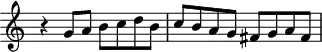 
\header {
  tagline = ##f
}

\score {
  \new Staff \with {
     \remove "Time_signature_engraver"
  }
<<
  \relative c'' {
    \key c \major
    %\clef bass
    \time 2/2
    \override TupletBracket #'bracket-visibility = ##f 

     %%% f° 33-33v
     r4 g8 a b c d b c b a g  fis g a fis

  }
>>
  \layout {
     \context { \Score \remove "Metronome_mark_engraver" }
  }
  \midi {}
}

