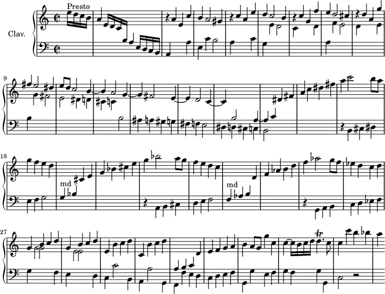 
\version "2.18.2"
\header {
  tagline = ##f
}

%% les petites notes
trillD     = { \tag #'print { d4.\trill } \tag #'midi { e32 d e d e d~ d16~ d8 } }

% \repeat unfold 2 {}
upper = \relative c'' {
  \clef treble 
  \key a \minor
  \time 2/2
  \tempo 2 = 88
  \set Staff.midiInstrument = #"harpsichord"

    \partial 4
    s8*0^\markup{Presto} e16 d c b | a4 \stemUp e16 d c \change Staff = "lower" b a4 s4 \change Staff = "upper" r4 a'4 e c'  | b a2 gis4 | r4 c4 a e' \stemUp | d c2 b4 | \stemUp r4 c g f' |
    % ms. 7
    e4 d2 cis4 | r4 d4 a g' fis e2 dis4 | e8 d c2 b4~ | b a2 g4~ | g fis2 e4~ | e d2 c4~ | 
    % ms. 14
    c4 \stemUp \change Staff = "lower" b2 a4~ | a c \stemNeutral \change Staff = "upper" dis4 fis | a c  dis  fis | a4 c2 b8 a | g4 f e d | \stemUp \change Staff = "lower" g,,4^\markup{md} bes \stemNeutral \change Staff = "upper" cis4 e | g bes cis e | 
    % ms. 21
    g4 bes2 a8 g | f4 e d c | \stemUp \change Staff = "lower" f,,4^\markup{md} aes b \stemNeutral \change Staff = "upper" d4 f aes b d | f aes2 g8 f | ees4 d c d | << { g,4 b c d | g,4 b c d } \\ { s4 g,2 s2 e2 s4 } >> | 
    % ms. 29
    e4 b' c d | c,4 b' c d | \stemUp \change Staff = "lower" a,4 b c \stemNeutral \change Staff = "upper" d4 e f g a | b a8 g g'4 c, | c4~ c16 b c d \trillD c8 | 
    % ms. 35
    c4 c' b bes | a

}

lower = \relative c' {
  \clef bass
  \key a \minor
  \time 2/2
  \set Staff.midiInstrument = #"harpsichord"

    % *****************************
     s4 s2. e,16 d c b | a4 s2 a'4 | e c' b2 | a4 s2 c4 | g \stemDown \change Staff = "upper" e' d2 | c4 s2 d4 |
     \change Staff = "lower" a4 \stemDown \change Staff = "upper" f'4 e2 | d4 s2 e4 | \change Staff = "lower" b4 \stemDown \change Staff = "upper" g'4 fis2 | e dis4 d | cis c \change Staff = "lower" b2 | ais4 a gis g | fis f e2 |
      % ms. 14
      dis4 d cis c | b2 s2 s1 | r4 b4 cis dis  | e f g2 | s1 s1 |
      % ms. 21
      r4 a,4 b cis d e f2 | s1 s1 | r4 g,4 a b c d ees f | g \stemDown \change Staff = "upper" g'2 \change Staff = "lower" f,4
      % ms. 28
      e4 \stemDown \change Staff = "upper" e'2 \change Staff = "lower" d,4 | c c'2 b,4 | a a'2 g,4 | f f' e d | c d e f | g, g' e f g f g g, |
      % ms. 35
      c2 r2 | s4

} 

thePianoStaff = \new PianoStaff <<
    \set PianoStaff.instrumentName = #"Clav."
    \new Staff = "upper" \upper
    \new Staff = "lower" \lower
  >>

\score {
  \keepWithTag #'print \thePianoStaff
  \layout {
      #(layout-set-staff-size 17)
    \context {
      \Score
     \override SpacingSpanner.common-shortest-duration = #(ly:make-moment 1/2)
      \remove "Metronome_mark_engraver"
    }
  }
}

\score {
  \keepWithTag #'midi \thePianoStaff
  \midi { }
}
