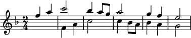 
\header {
  tagline = ##f
}

\score {
  \new Staff \with {

  }
<<
  \relative c'' {
    \key f \major
    \time 2/4
    \override TupletBracket #'bracket-visibility = ##f 
    %\autoBeamOff

     %%%%%%%%%%%%%%%%%%%%%%%%%% K15h
     << { f4 a c2 bes4 a8 g a2 g4 f e2 } \\ { s2 f,4 a c2 c4 bes8 a bes4 a g2 } >>

  }
>>
  \layout {
    \context {
      \remove "Metronome_mark_engraver"
    }
  }
  \midi {}
}
