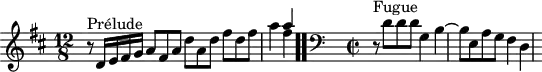 
\version "2.18.2"
\header {
  tagline = ##f
}

\score {
  \new Staff \with {
%fontSize = #-2
  }
<<
  \relative c' {
    \key d \major
    \time 12/8
    \set Staff.midiInstrument = #"harpsichord" 

     %% INCIPIT CBT II-5, BWV 874, ré majeur
     r8^\markup{Prélude} d16 e fis g a8 fis a d a d fis d fis | a4 << { a4 } \\ { fis4 } >> | \once \override Staff.TimeSignature #'stencil = ##f \time 4/8  \bar ".."

     \skip 16*1
     \override Staff.Clef.extra-offset = #'( -1 . 0 )
     \clef bass
     \time 2/2 
     r8^\markup{Fugue} d,8 d d g,4 b~ b8 e, a g fis4 d

  }
>>
  \layout {
     \context { \Score \remove "Metronome_mark_engraver" 
     \override SpacingSpanner.common-shortest-duration = #(ly:make-moment 1/2) 
       }
   }
  \midi {}
}
